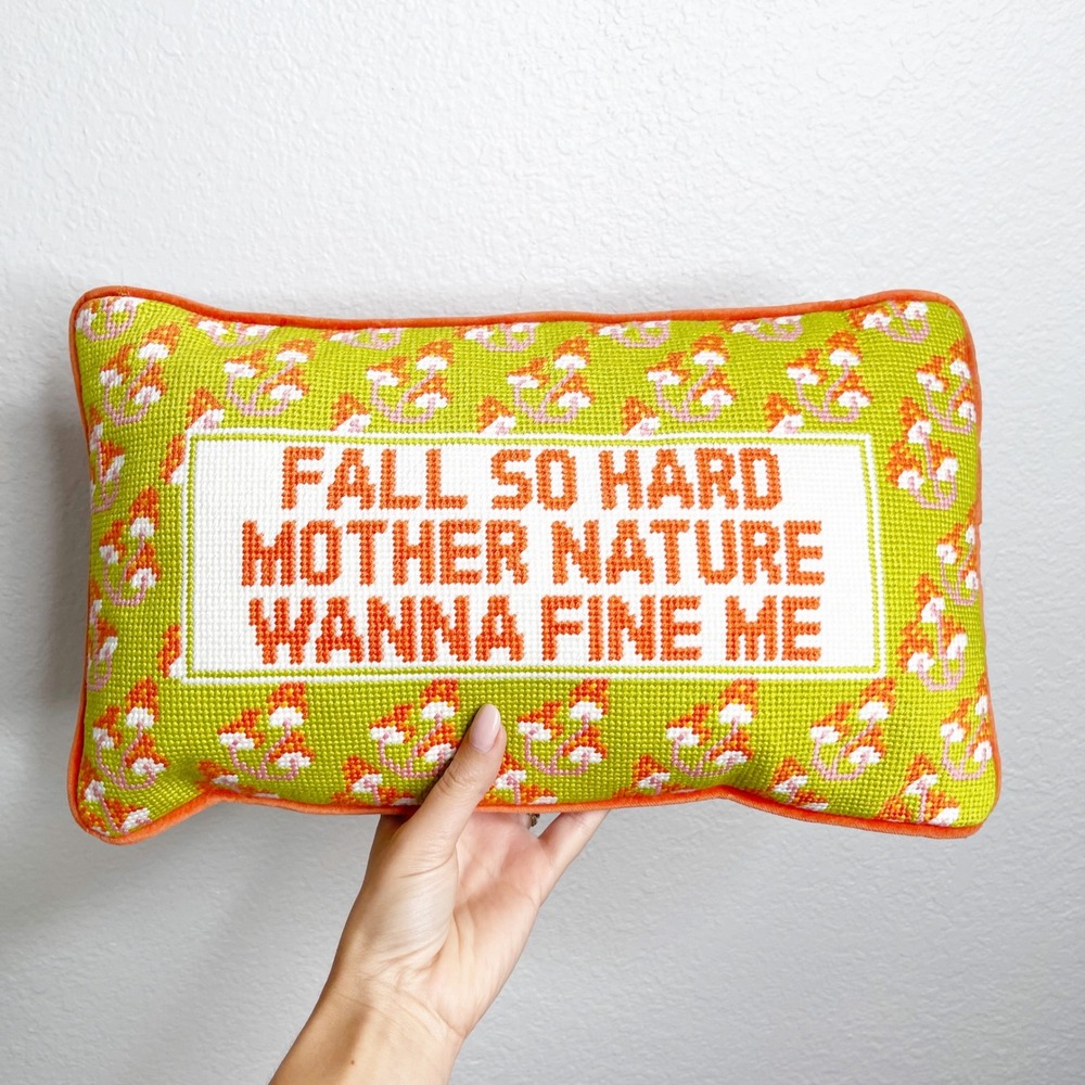 Furbish Studio Fall So Hard Mother Nature Needlepoint Pillow Green Orange New